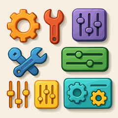exploration of app icons and crafting system settings with sliders, wrenches. suitable for app devel
