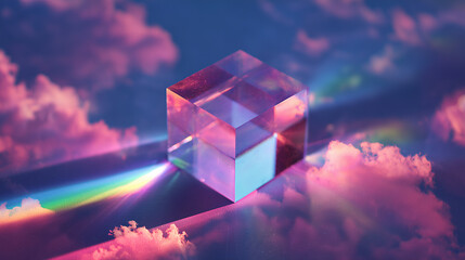 glass prism refracting light into a vivid spectrum of rainbow colors over soft clouds — perfect for science illustrations, physics education, or artistic backgrounds