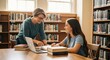 © Sim - Two women in a library, one wearing glasses, discussing a book.