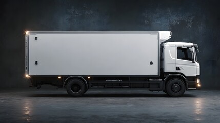 Poster - A refrigerated delivery truck in a dark industrial setting