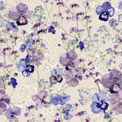 Wall Mural - seamless floral pattern of violets and gypsophila