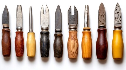 Vintage oyster knives with wooden handles resting on white background