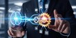 © Five Million Stock - AI automation and API automation. Data transfer through system integration. Intelligent process automation technology solutions. Businessman using laptop computer for managing automation technology.