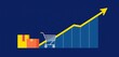 © Teenawat - Flat design illustration depicting upward trending graph alongside shopping cart and package icons, representing growth of online retail,  boom,  delivery