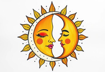 Wall Mural - Whimsical boho sun & moon faces, cosmic crescent, sunshine doodles ,  tattoo,  boho