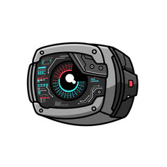 Futuristic tech device with digital display and buttons  