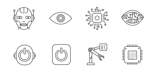 Collection of modern technology and robotics icons depicting artificial intelligence and automation