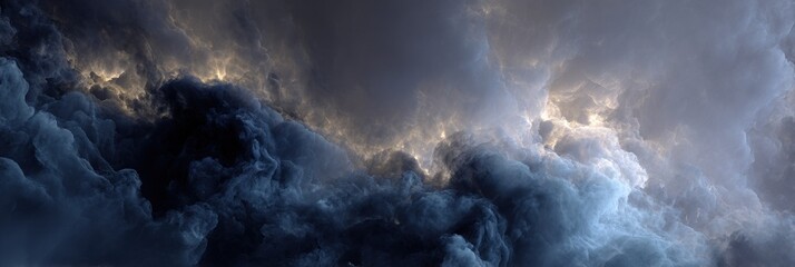 majestic dark blue clouds appear to rise amid light golden hues forming dramatic atmospheric view