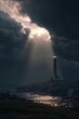© los3amigos - Un faro imponente se alza sobre un promontorio rocoso bajo un cielo dramático y tormentoso.