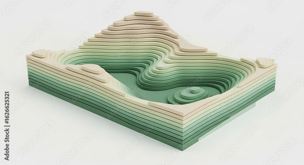 Wooden Topographic Model with Layers of Green and Beige, 3D Landscape ...