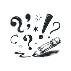 Wall Mural - pencil with question marks and exclamation point doodle on white background
