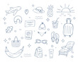 © Liana - Hand drawn summer travel doodle icons collection with vacation elements airplane beach accessories tropical fruits and luggage isolated on white background vector