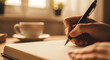 © Dutz Creative Studio - Close-up of a hand writing in a diary with ink pen, golden light streaming through the window, blurred tea cup in the background, textured paper.