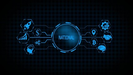  national network waving on blue sky, banner on the wind black background animation