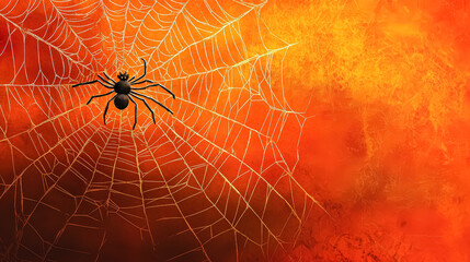 Black spider on intricate web against a vibrant orange background with textured patterns
