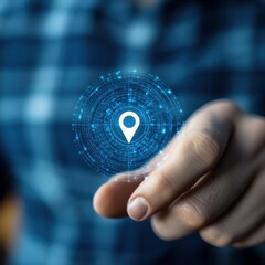 Poster - Location Icon Touch: A person's finger interacts with a glowing location icon, set against a blurred background, the image represents technology and the idea of connection and navigation