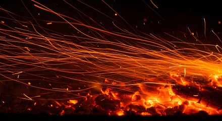 Poster - Burning embers and sparks flying in the dark creating a fiery display of light and heat energy