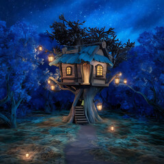 Wall Mural - The text describes a magical treehouse in a blue night forest.
