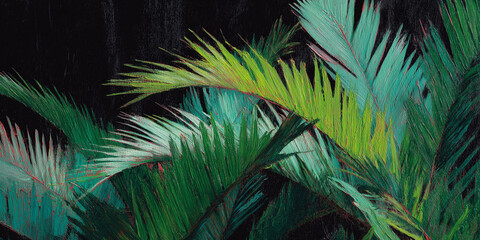 Wall Mural - Colorful tropical palm leaves with artistic teal and blue-green highlights on dark background

