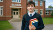 © Nataliia Pyzhova - Teenage schoolboy in uniform holding colorful books with backpack, standing in front of school building, confident and ready