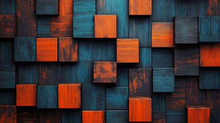 Abstract mosaic of colorful wooden blocks creating a textured three-dimensional wall for backgrounds and decorative design