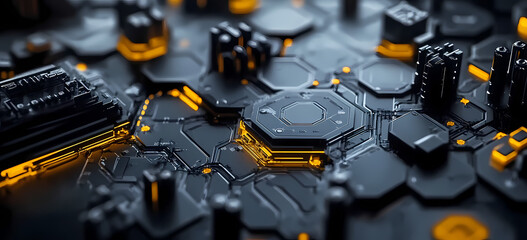 Intricate Circuit Board Design with Glowing Hexagons and Technological Elements