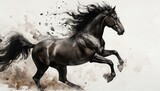 Ink art explosion features black horse galloping powerfully. Dynamic illustration captures equine energy with flowing mane and tail. Stylized drawing evokes speed and wild spirit on light background.