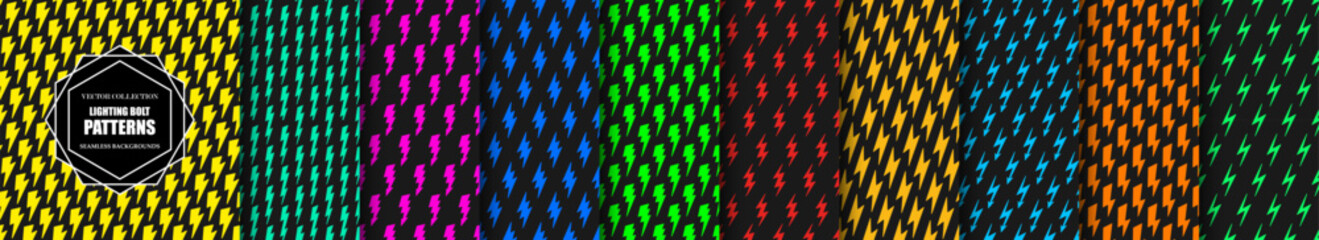 Wall Mural - set of seamless lightning bolt patterns. bright colorful electric vector backgrounds with pop art st