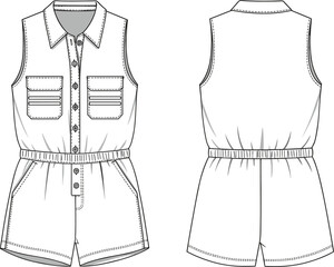 Sleeveless women’s romper technical flat sketch with front patch pockets, elastic waistband, detailed vector CAD drawing for fashion design