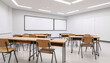 © Prayoga - Classroom interior showing empty chair and desk, suitable for education background