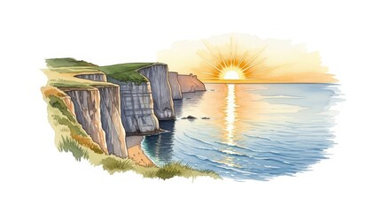 Wall Mural - Coastal Sunset Cliffscape - Serene sunset over dramatic cliffs, ocean waves gently lapping the shore, symbolizing peace, tranquility, nature's beauty, the power of nature, and the end of a day