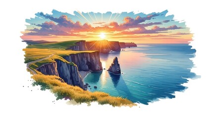 Wall Mural - Coastal Sunset Cliffscape - Stunning sunset over dramatic coastal cliffs and ocean. Vibrant colors, peaceful scene. Perfect for travel, nature, or landscape projects
