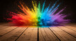© Mudassir - Colorful rainbow explosion bursts vibrantly on rustic wooden surface background.