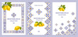 © Pagina - Poster, banner or label template set with Mediterranean mosaic tile pattern, blue and yellow colors, citrus fruit, lemons on branch. Vector illustration