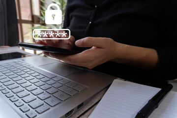 Poster - Person in front of his computer with a smartphone with a padlock and encrypted password