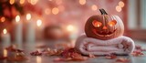 Relaxation with autumn vibes featuring a pumpkin in a spa setting. halloween banner background flyer, for spa salon, beauty salon, sauna, bathhouse, hammam, relaxation