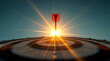 © Ada - Close up shot red darts arrows in the target center. Business target or goal success and winner concept. dartboard with a dart perfectly hitting the bullseye.The scene is backlit by a bright, warm sun