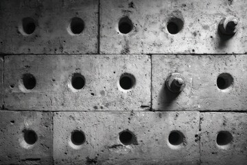 Poster - A close-up of weathered concrete blocks with cylindrical holes and metal bolts, showing texture and aged construction details with industrial aesthetic.