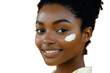 © Naibullah - Photo of closeup portrait of a beautiful young black woman with glowing skin and a bright smile, applying cosmetic cream for healthy skincare isolated on transparent background