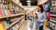 © Таня Андреева - A happy mother and daughter choosing school supplies in a stationery store. Back to school shopping together.