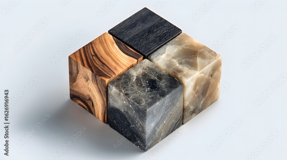Geometric cube formed from four different natural wood textures Stock ...