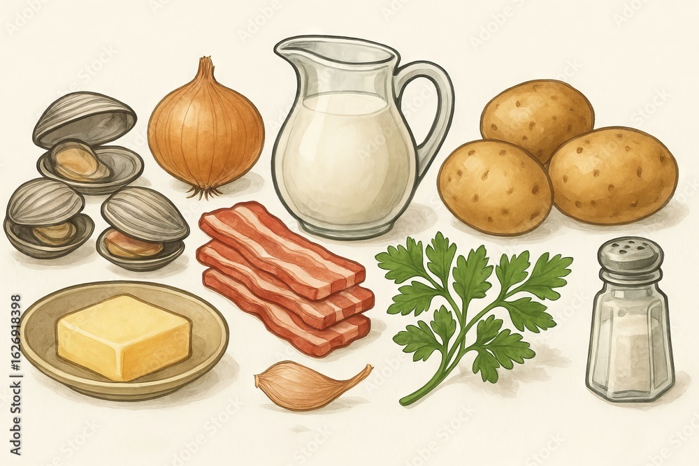 Watercolor ingredients for clam chowder featuring clams, potatoes ...