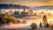 © Newly - Church shrouded in morning mist during autumn season