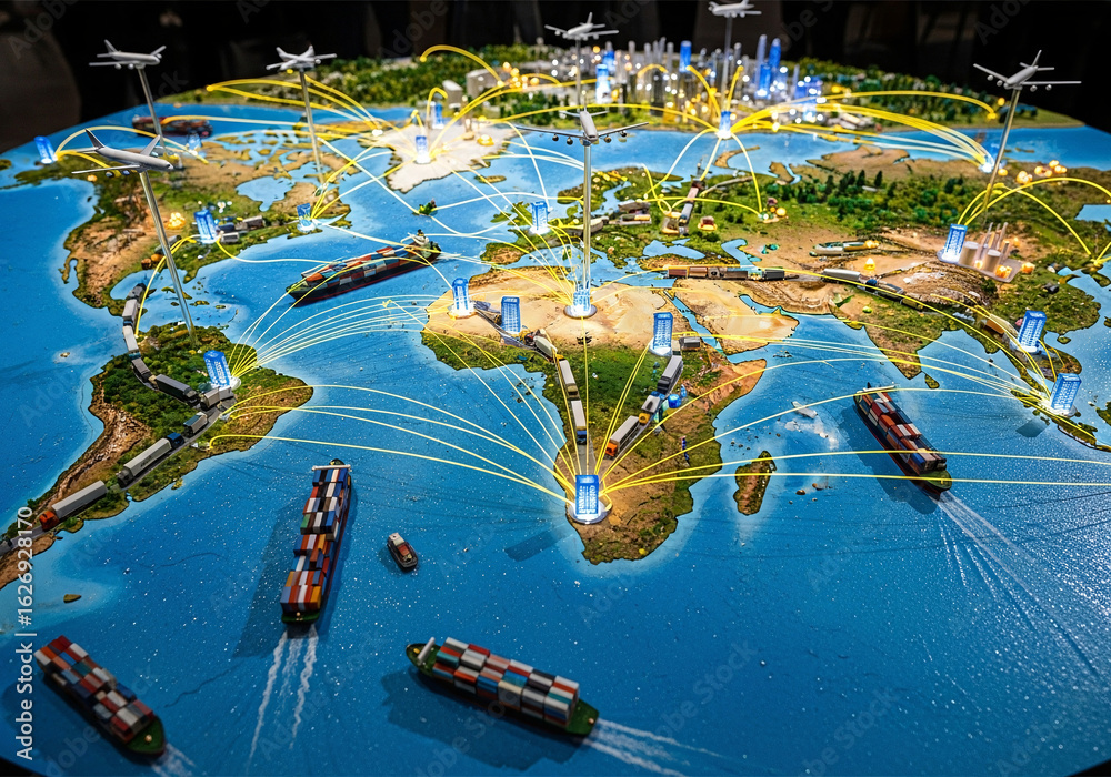 Stock-Illustration „3D map of the world showing global trade routes and ...