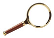 © Pixel_Glow - Classic magnifying glass with a wooden handle and gold frame for search. Isolated on transparent background, png
