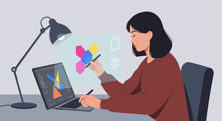 Young asian female working on laptop with virtual holographic interface in modern workspace. Vector illustration