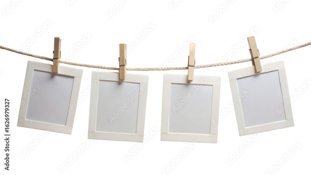Four Hanging Blank Instant Photo Frames on Rope – Isolated White ...