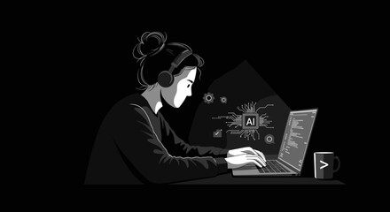 Young caucasian female programmer working on ai code with laptop and headphones. Vector illustration