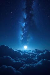 Wall Mural - Starry sky, dark clouds below, moonlit landscape, perspective, above