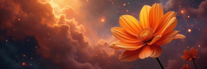 Wall Mural - Abstract orange blossom amidst swirling nebula, cosmic dust, sparks , petals, cosmic dust